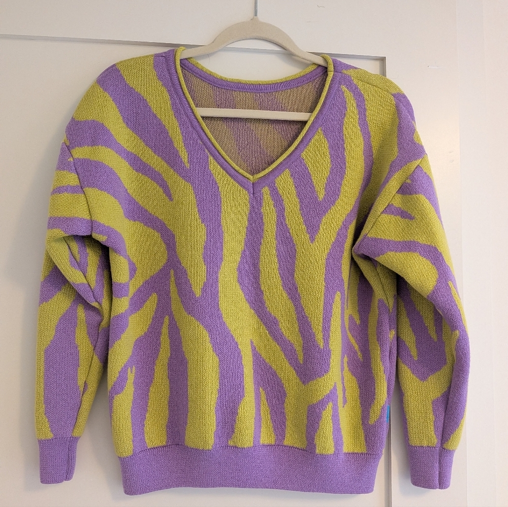 100% Merino Wool Purple and Yellow V-Neck Sweater